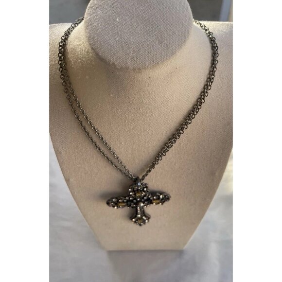 Vintage Silver Cross Necklace Gray Rhinestones Large Pendant Stones Religious - Picture 11 of 14